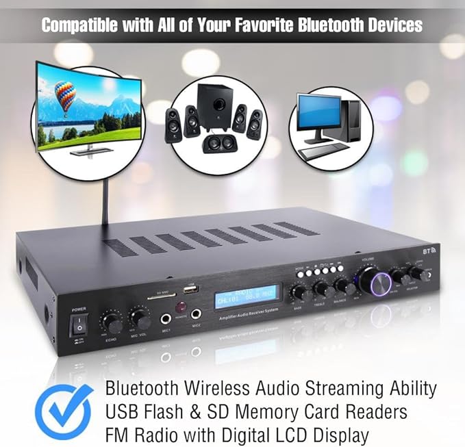 Home Theater Amplifier Audio Bluetooth MP3/USB/SD/AUX/FM Receiver System, with 4X 3.5'' 200 Watt 3-Way Weather Proof Mini Box Speakers (White), Enrock Audio 16-Gauge 50 Foot Speaker Wire