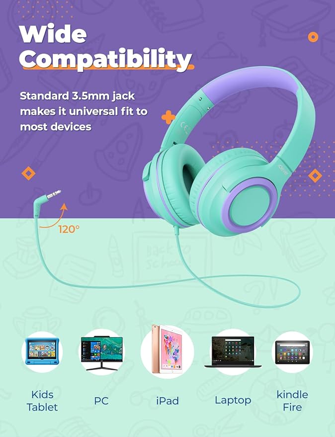 iClever 2Pack Kids Headphones with Sharing Splitter - 85dBA Safe Volume Limited - HS22 Wired Headphones for Kids Teens, Tangle-Free 3.5mm Jack Foldable Stereo for School/Tablet/Travel