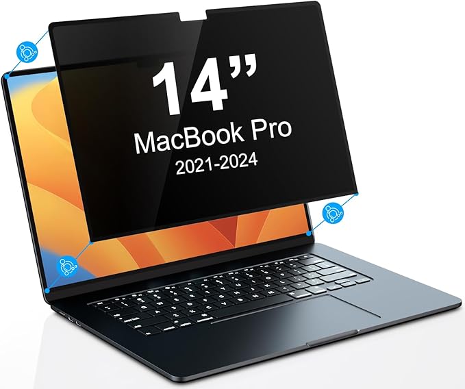 PYS Privacy Screen Protector for MacBook Pro 14 Inch (2021-2025, M1, M2, M3, M4，M5) - Nano Attach, Anti-Spy, Reusable & Removable, Blue Light & UV Blocking, 2Pcs Camera Cover Slide, Case Friendly