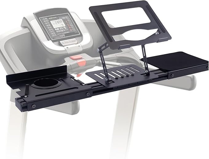 Treadmill Desk Attachment, Laptop Holder Adjustble Height Width, Workstation for Treadmill Handlebars, Universal Treadmill Table with Cup Holder and Tray