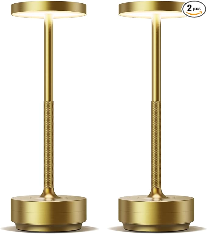 SAKRINGT 2 Pack Rechargeable Cordless Table Lamp - Battery Operated LED Portable Table Light with 3 Color Stepless Dimming, Memory Function - IP54 Waterproof for Outdoor, Restaurant, Patio, Camping