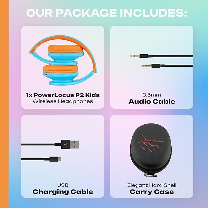 PowerLocus Kids Headphones Over-Ear, Bluetooth Wireless Headphones for Kids,with Microphone, Safe 85DB Volume Limited, Foldable with Carry Case, Audio Cable, Micro SD mode for Online Classes,PC,Phones
