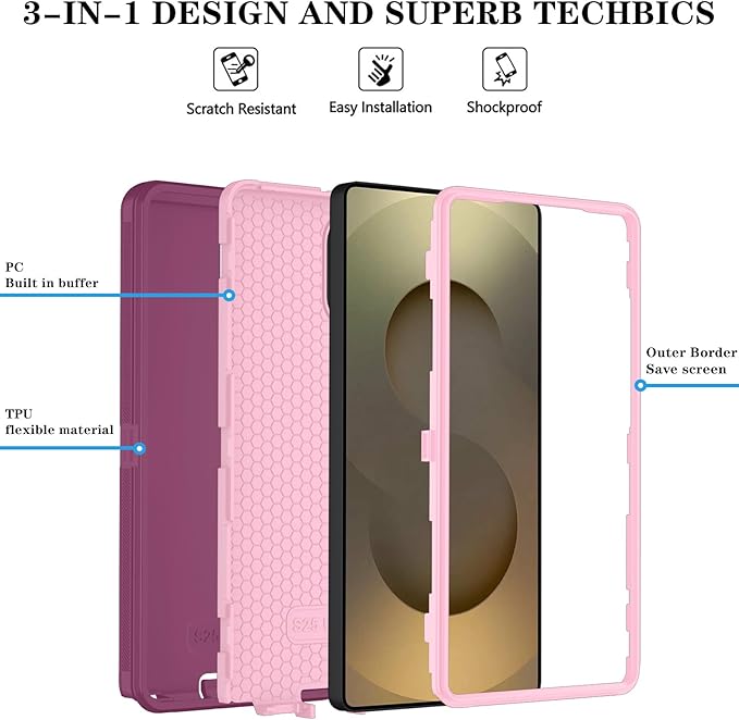 ONOLA Phone Case for Samsung Galaxy S25 Ultra Case with HD Screen Protector, Heavy Duty Shockproof & Dropproof 3-Layer Cover Phone Case for Galaxy S25 Ultra 6.9''，WineRedPink