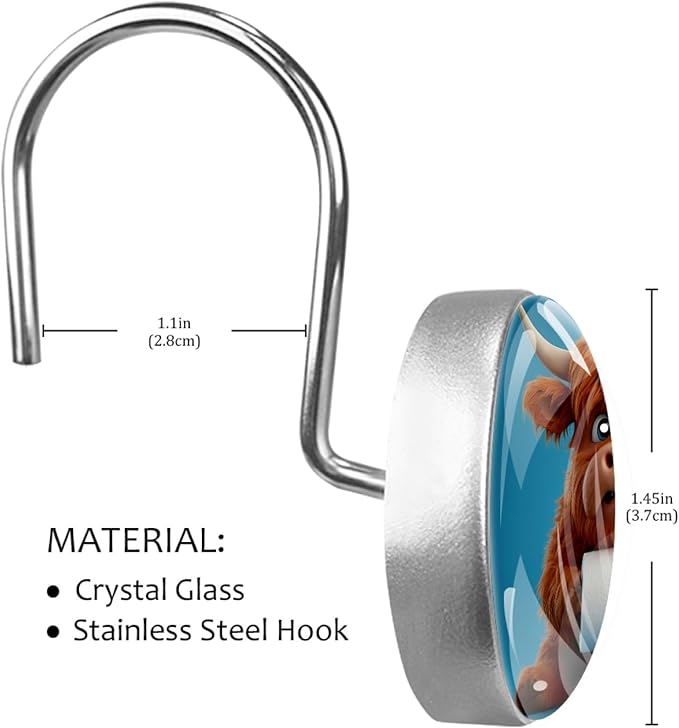 Funny Highland Calf Shower Curtain Hooks Rings, Stainless Steel Rust Proof Shower Curtain Hooks, Decorative Shower Hooks for Bathroom Shower Rods Curtains, Set of 12