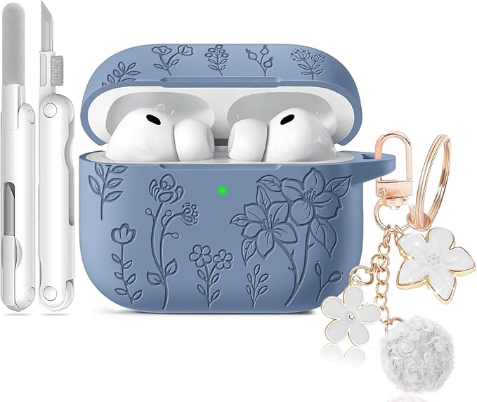 for Airpods Pro 3 Case, Flower Engraved Case Cover Compatible with AirPods Pro 3rd Generation 2025, Soft Silicone Cases with Cute Keychain & Cleaner for Women Girly, Shockproof