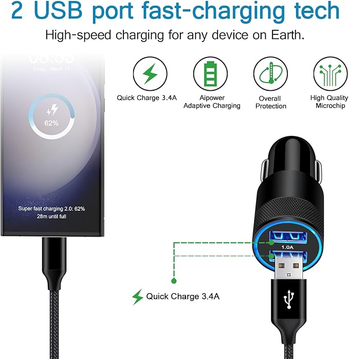 USB Type C Car Charger, Dual Port Car Adapter with 6ft Fast Charge USB C Cable for Samsung Galaxy S25 S24 S23 S22 S21 S20 S10 A17 A16 A15,iPhone Air/17/16/15,Google Pixel 10 9 8 Pro 7 7a 6a 6,Moto,LG