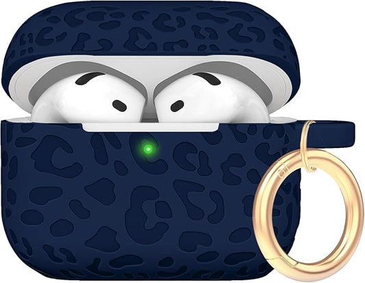 Engraved Leopard Case Compatible with AirPods 4th Generation Cover with Keychain, Skin Soft Cover for Compatible with AirPods 4 Case Full Protection,Front LED Visible, Midnight Blue
