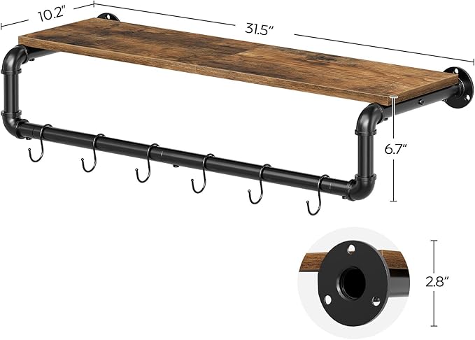 Pipe Clothes Rack, 31.5 in Wall Mounted Garment Rack with Top Shelf, Industrial Clothing Rack with Hanging Rod, Heavy Duty Detachable, Space Saver Hanging Clothes Rack, Rustic Brown FS08BRY1
