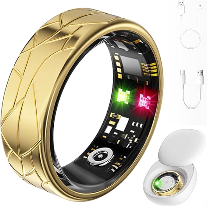 Smart Ring Fitness Tracker Sleep Tracking Heart Rate Monitor Pedometer, Waterproof Activity Tracker Fitness Ring Steps Counter, Gesture Controls for Short Video, 8 Days Last, Gold, #9