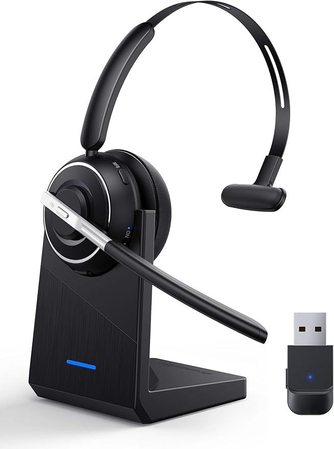 Bluetooth Headset, Wireless Headset with Microphone for PC, V5.2 Computer Headset with Noise Cancelling Mic, USB Dongle, Charging Base & Mute Button for Work, Cell Phones, Computer (Black)