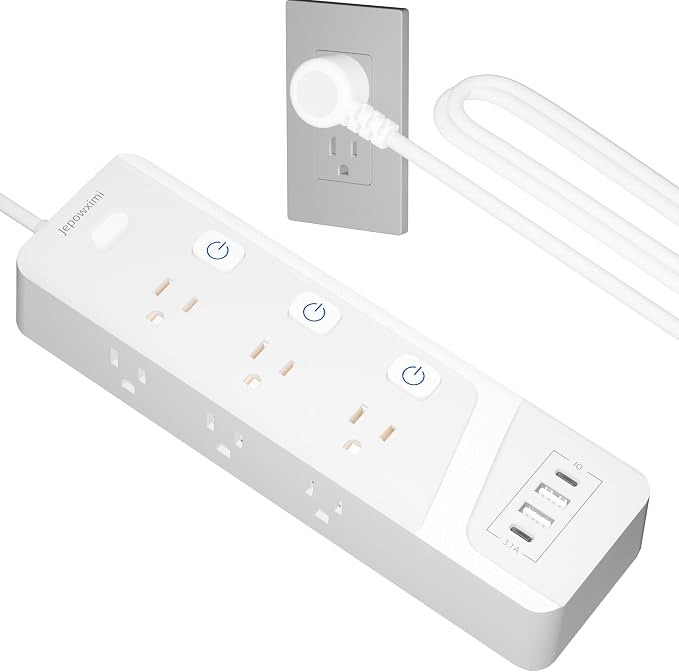Surge Protector Power Strip with Individual Switches - 6 Wide Spaced Outlet 4 USB Ports(2 USB C), 6 ft Extension Cord with Switch On/Off, 1500J, Flat Plug, Wall Mount for Home Office, White