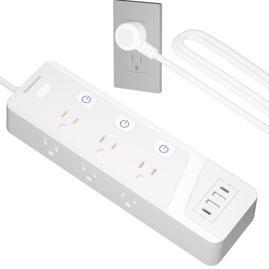 Surge Protector Power Strip with Individual Switches - 6 Wide Spaced Outlet 4 USB Ports(2 USB C), 6 ft Extension Cord with Switch On/Off, 1500J, Flat Plug, Wall Mount for Home Office, White