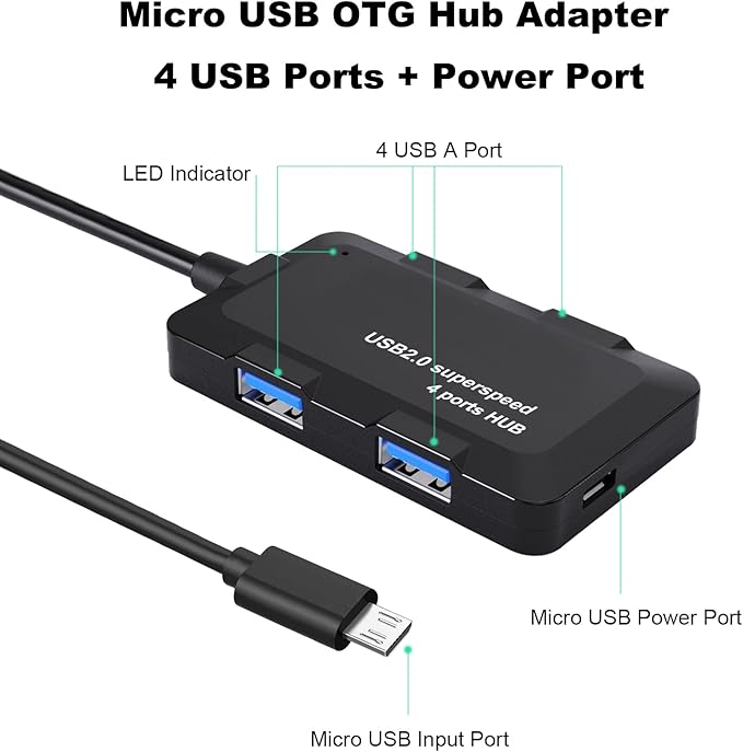 AreMe Micro USB OTG Cable Adapter with 4 USB Ports + Power Port for Fire Stick 4K and More Host Devices