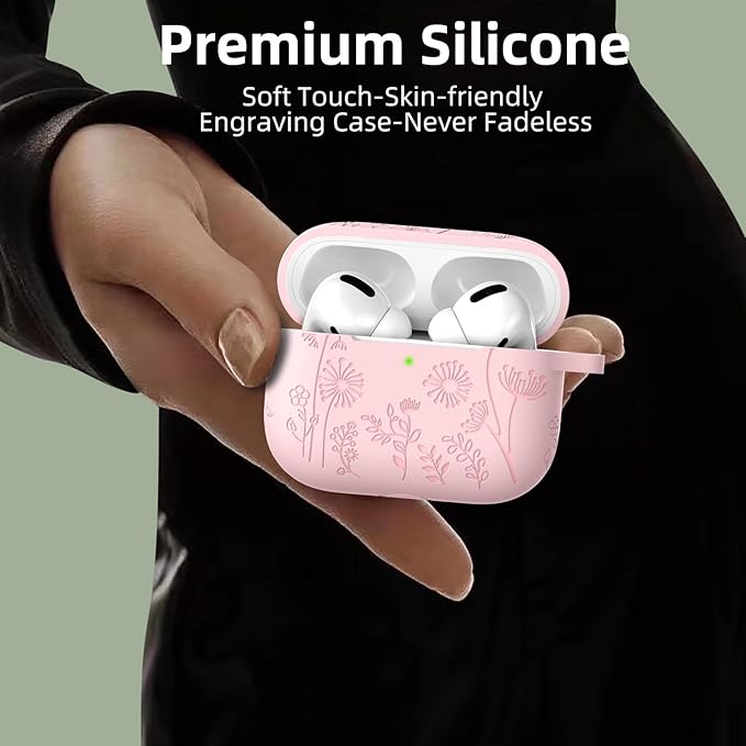 Lerobo Flower Engraved Cover for Airpods Pro Case 2nd 1st Generation Case USB C, Soft Silicone Full Protective Cover Compatible with Apple AirPod Pro/Pro 2 Case, Front LED Visible, Pink