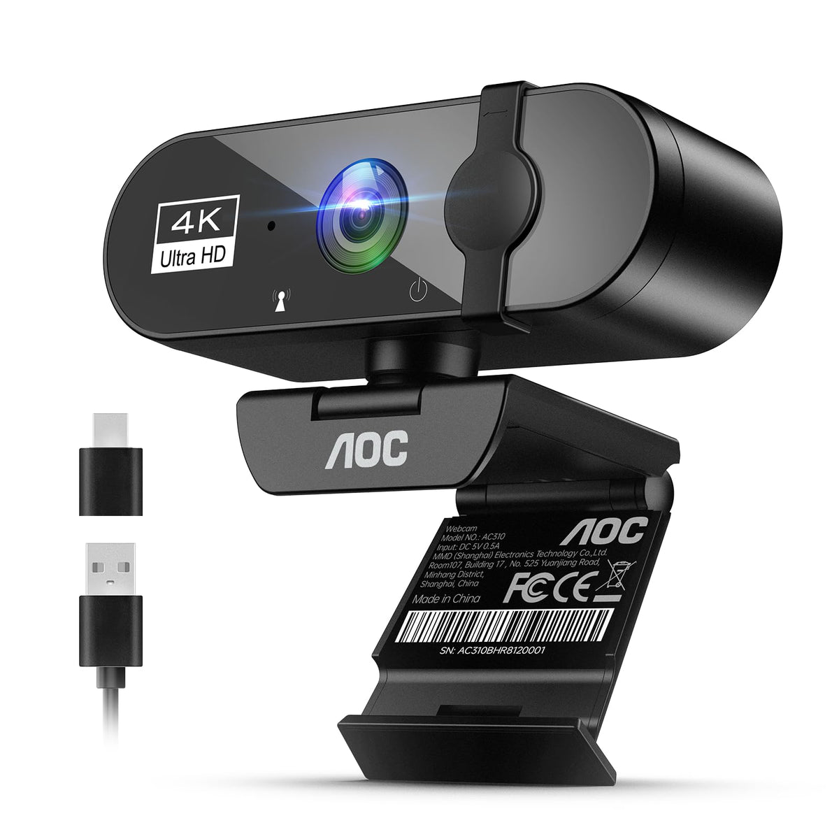 AOC 4K Webcam for PC, Streaming Computer Camera with Noise-Canceling Mic