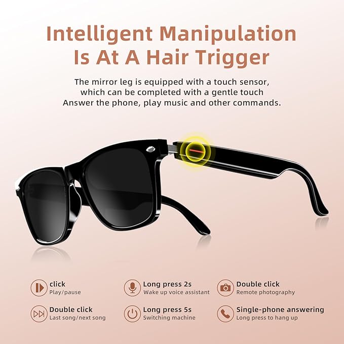 Smart Glasses for Men & Women, Bluetooth Glasses with Speakers, UV400 Polarized Lenses, Open Ear Sound, Music/Call, Touch Voice Assistant, Smart Bluetooth Sunglasses for Driving Traveling