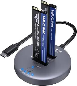 WAVLINK M.2 NVMe SSD Cloner Dock, 10Gbps Dual-Bay NVMe to USB-C/A Enclosure, Supports Offline Clone, UASP, Design for M-Key or M+B Key SSDs in Size 2230/2242/2260/2280/22110, SSD Not Include