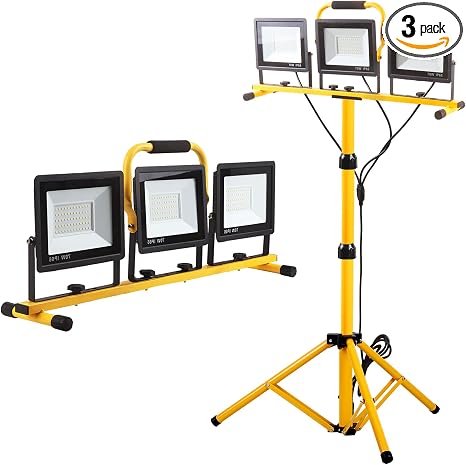 22000 Lumen Work Lights with Stand, 3 Head Portable LED Work Light, with Adjustable&Foldable Tripod Stand, IP66 Waterproof Lamp for Outdoor Indoor Job Site Workshop Garage Construction Site Lighting