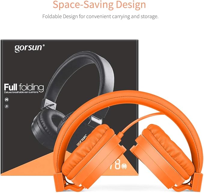 gorsun Kids Headphones, Lightweight Stereo Wired Toddler Headphones，Adjustable Headband Children's Headset for Smartphones Computer Pad Earphones(Orange)