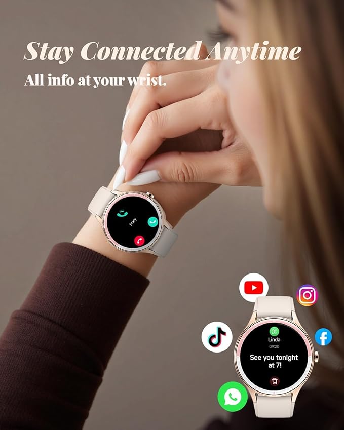 TOOBUR Smart Watch for Women, Smartwatch Compatible Android and iOS Phone, Answer/Make Calls, Fitness Tracker/Step Counter/Running Watch, Sleep/Heart Rate Monitor, 100 Sports, IP68 Waterproof, Beige