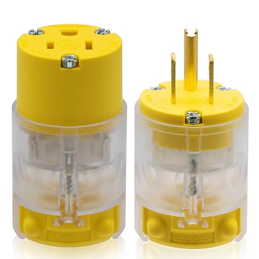 ELEGRP Lighted Straight Blade Electrical Plug and Connector Set 15 Amp 125 Volt NEMA 5-15P NEMA 5-15R 2 Pole 3 Wire Grounding, Commercial Grade, Yellow, 1 Set
