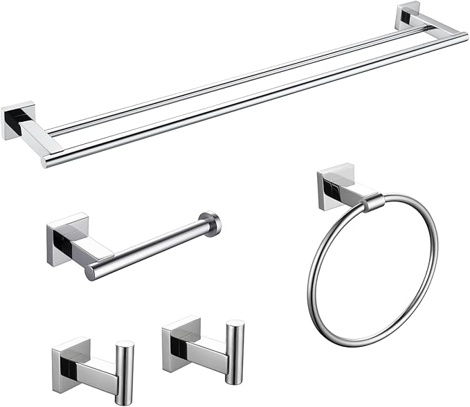 Miyili SUS304 Stainless Steel 5-Piece Bathroom Accessories Set with 30" Double Towel Bar, 5" Toilet Paper Holder, Towel Ring, 2 x Robe Hooks Bath Hardware Kit Wall Mount, Poilshed
