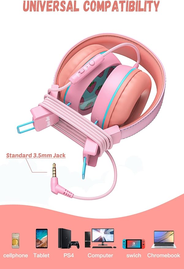 New Bee Kids Headphones Wired for School with Microphone KH20 HD Stereo Safe Volume Limited 85dB/94dB Foldable Lightweight for Girl/Mac/Android/Kindle/Tablet/Pad (Pink)
