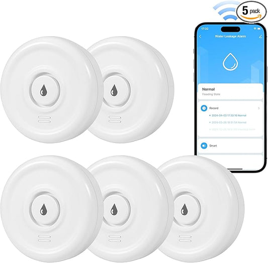 5 Pack WiFi Water Leak Sensor, 100 dB Water Alarm Leak Detector, for Home, Basement, Bathroom, Kitchen(5 Pack)