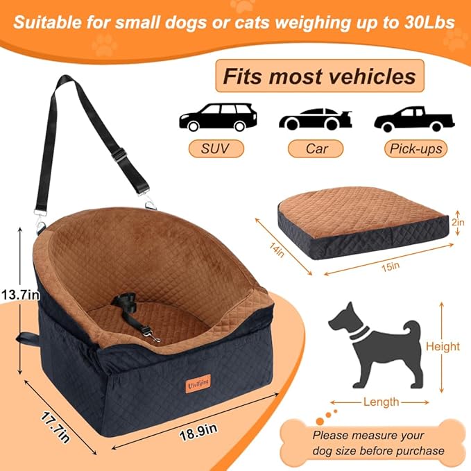 Vivifying Dog Car Seat for Small & Medium Dogs, Detachable & Washable Booster Seat for Pets Up to 30lbs, Travel Bed with Storage Pockets and Safety Belt – Brown&Black