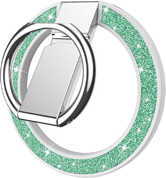 Guppy Glitter Magnetic Cell Phone Ring Holder, 360° Rotation Magnetic Phone Grip with Adjustable Kickstand Finger, Strong Metal Stand Compatible with MagSafe iPhone 16/15/14/13/12 Series-Green