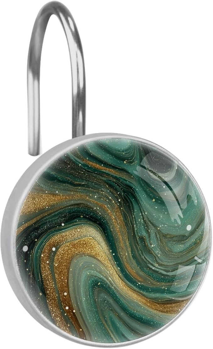 Green Marble Shower Curtain Hooks, 12Pcs Decorative Rust Resistant Shower Rings for Shower Curtain Rods, Stainless Steel Round Curtain Hooks for Bathroom, Bedroom, Farmhouse