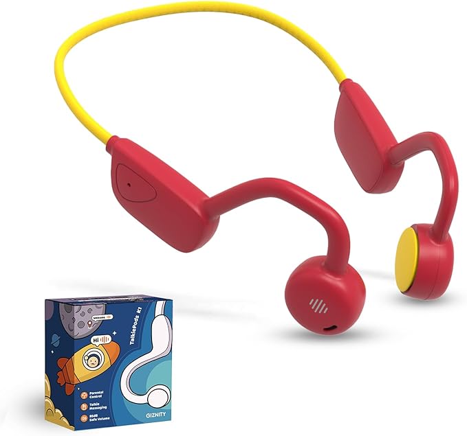 Kids Bluetooth Headphones, Air Conduction Open-Ear Headphones, Mic/Touch, 85dB Limit, Parental Control, Clear Audio, Lightweight, Rugged & Durable, IP54/20H, Earbuds for School/Travel - Red Yellow
