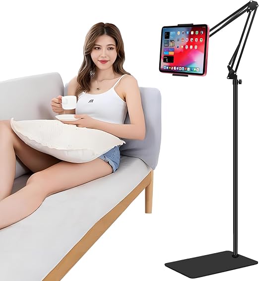 Tablet Floor Stand with Double Weight Base,Overhead Bed Phone Stand Height Adjustable/ Arm Stretchable Tablet Holder, Compatible with 4.5''-13'' iPhone, iPad, Galaxy Tab, Kindle, or Other Phones