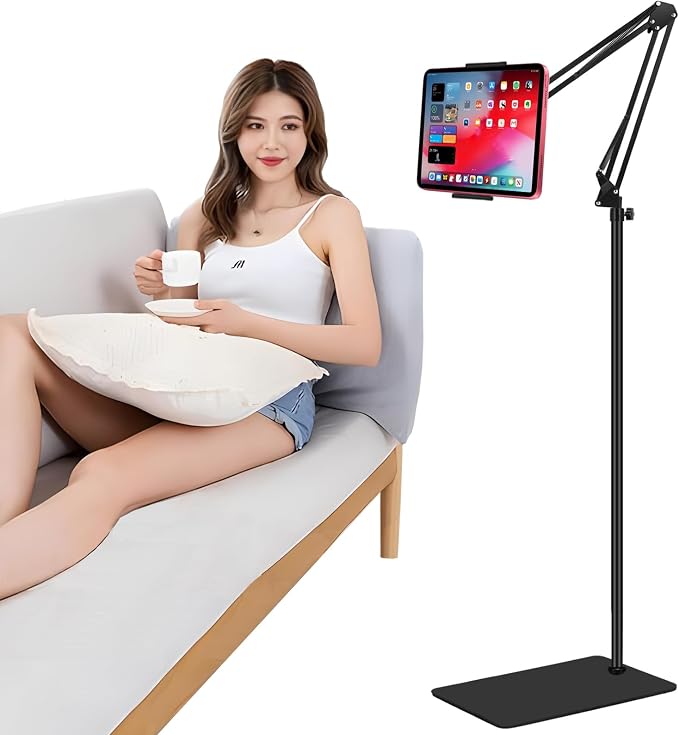Tablet Floor Stand with Double Weight Base,Overhead Bed Phone Stand Height Adjustable/ Arm Stretchable Tablet Holder, Compatible with 4.5''-13'' iPhone, iPad, Galaxy Tab, Kindle, or Other Phones