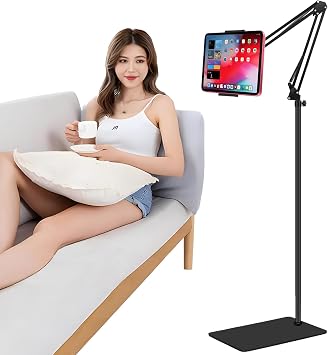 Tablet Floor Stand with Double Weight Base,Overhead Bed Phone Stand Height Adjustable/ Arm Stretchable Tablet Holder, Compatible with 4.5''-13'' iPhone, iPad, Galaxy Tab, Kindle, or Other Phones