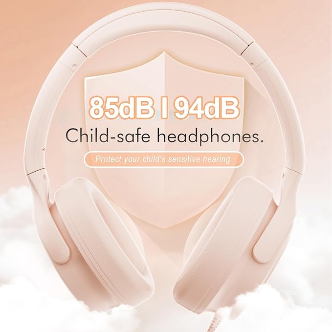 Kids Headphones with Cord-3.5mm Jack 85/94dB Safe Volume Control Built-in Microphone On-Ear Headphones for Kids/Teens/Girls/School/Travel/3.5mm Devices(Beige)