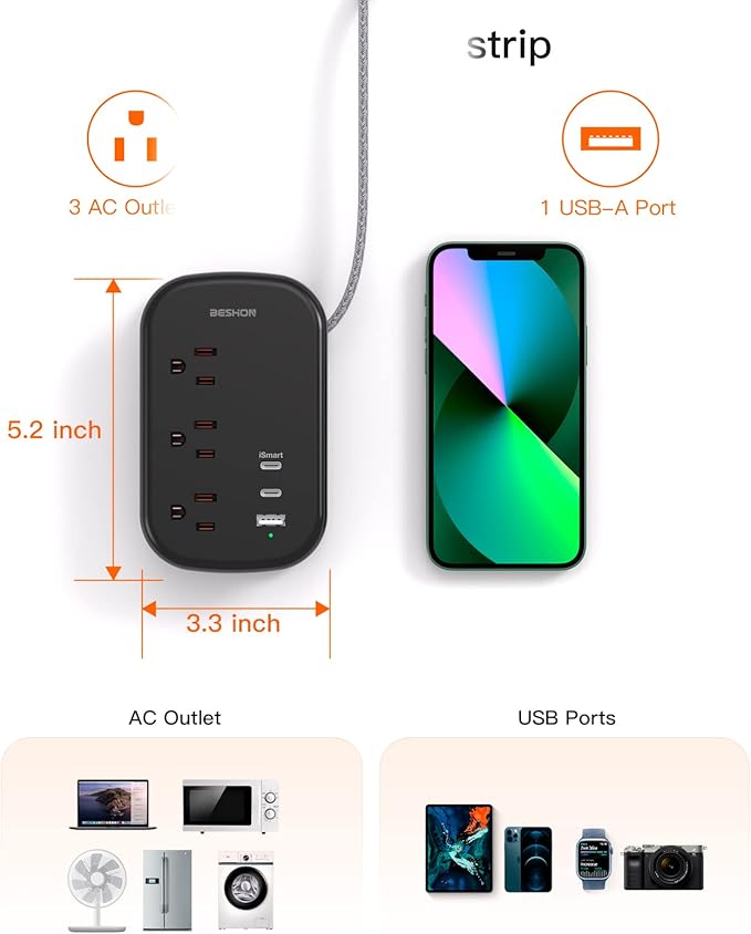 USB C Travel Power Strip, BESHON Ultra Flat Extension Cord, Flat Plug Power Strip, 3 Outlets with 3 USB Ports(2 USB C), 3.2ft Wrapped Around Extension Cord for Cruise Ship, Travel Essentials, Black