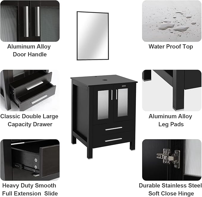 eclife 48" Modern Bathroom Vanity Sink Combo Freestanding Cabinet with Small Side Cabinet, Without Vessel Sink, Faucet, Drain (Black Vanity Only)
