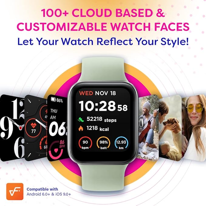 OCTANDRA Go VeryFit 1.69" Smart Watch - Heart Rate Blood Oxygen Saturation Sleep Monitor - Step Counter Pedometer - 5ATM Exercise Activity Fitness Tracker Watches for Men Women (ID207) (Black & Green)