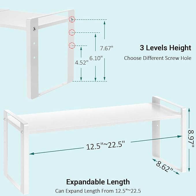Expandable Kitchen Cabinet Organizer Shelves, Heavy Duty Metal Pantry Organizers, Adjustable Cabinet Shelf for Cupboard, Pantry & Under Sink Space Saver, White, Patent Pending