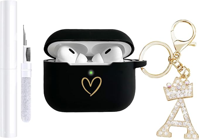 Compatible with AirPods Pro 3 Case Cover (2025), Soft Silicone Case with Gold Heart Pattern for AirPods Pro 3rd Generation Case with Rhinestone Studded Letter A-Z Keychain (A Black)