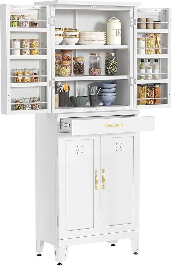 YITAHOME 71" Metal Kitchen Pantry Storage Cabinet with 4 Doors, 4 Adjustable Shelves, 1 Drawer and 8 Door Racks, Tall Freestanding Steel Cupboard for Home Kitchen Living Dining Room, White