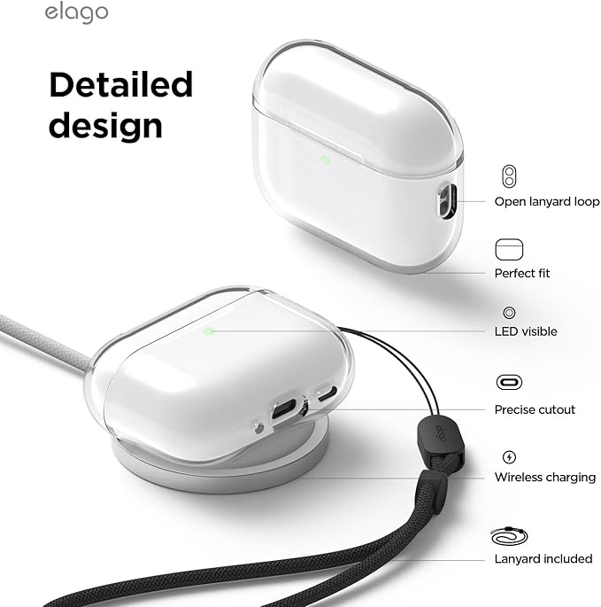 elago Clear Case Compatible with AirPods Pro 3 Case Clear Cover - Lanyard Included, Strap Included, Reduced Yellowing, Shockproof, Full Protection, Soft TPU (Transparent)