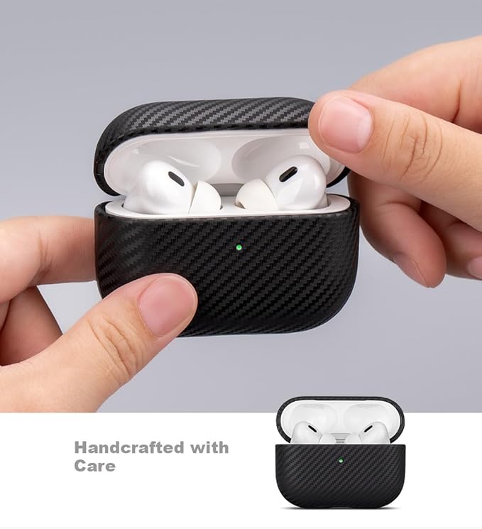 LOPIE Leather Case for AirPods Pro 2nd Generation - Handmade AirPods Pro 2 Case Cover - Made of Real Leather - Protective Hard Shell Cover - Carbon Fiber Style - Wireless Charging Compatible - Black