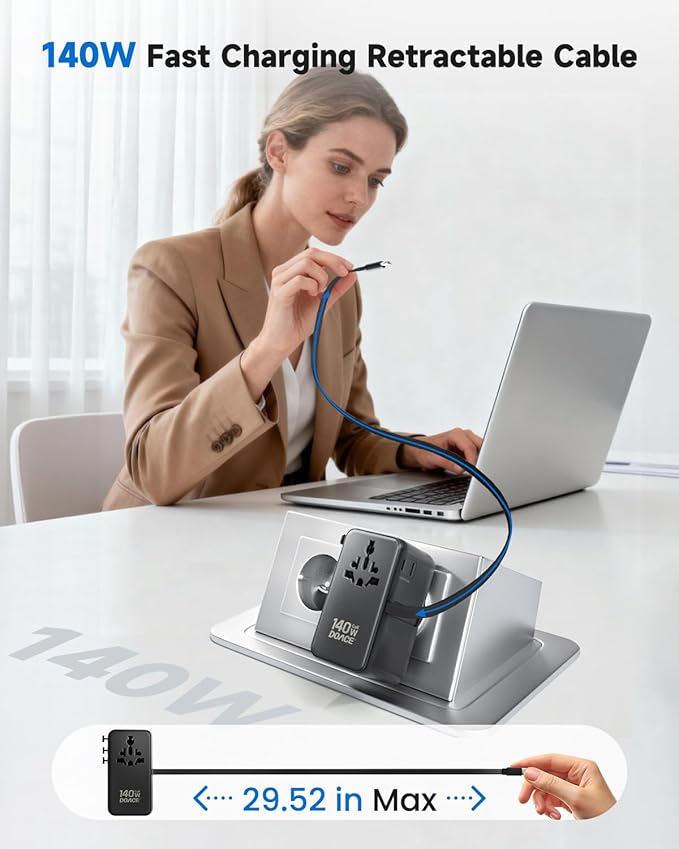 DOACE Universal Travel Adapter, 140W GaN 3.0 European Travel Plug Adapter with Built-in USB-C Cable, 6 in 1 USB-C PD Fast Charging Universal Adapter for Worldwide Travel-EU/UK/USA/AUS