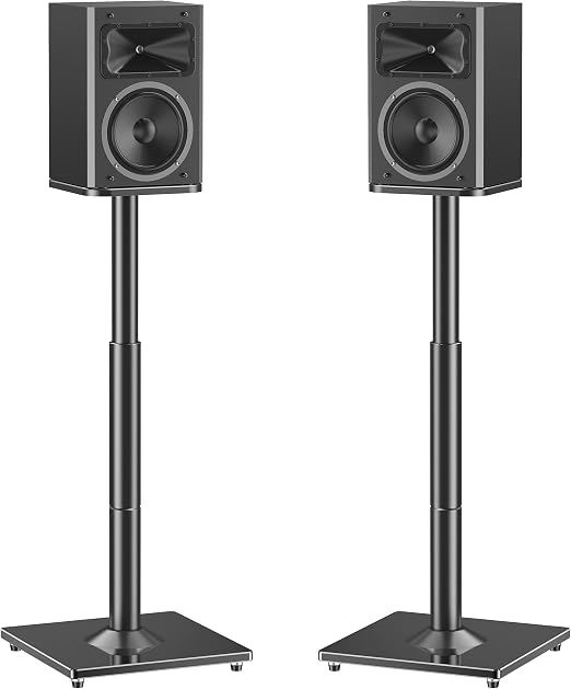 MOUNTUP Universal Speaker Stands Pair, 28.3" to 37.4" Height Adjustable Floor Speaker Stands, Holds Bookshelf & Large Satellite Studio Speakers, Cable Concealing, 22LBS Capacity, 9.8" Plate, Black