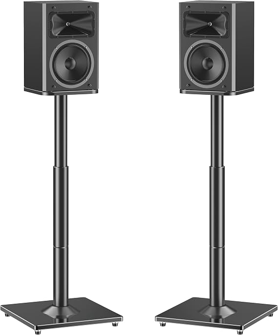 MOUNTUP Universal Speaker Stands Pair, 28.3" to 37.4" Height Adjustable Floor Speaker Stands, Holds Bookshelf & Large Satellite Studio Speakers, Cable Concealing, 22LBS Capacity, 9.8" Plate, Black