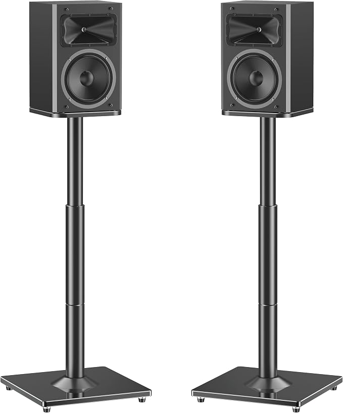 MOUNTUP Universal Speaker Stands Pair, 28.3" to 37.4" Height Adjustable Floor Speaker Stands, Holds Bookshelf & Large Satellite Studio Speakers, Cable Concealing, 22LBS Capacity, 9.8" Plate, Black