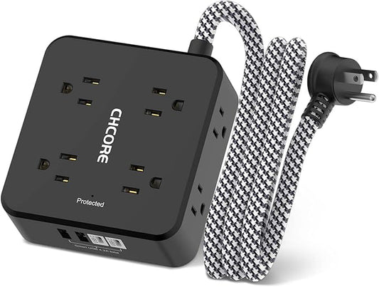 Surge Protector Power Strip - CHCORE 5Ft Braided Extension Cord with 8 Outlets with 4 USB (2 USB C) Charging Ports, Flat Plug Multi Plug Outlet Extender Charging Station for Home Office, ETL, Black