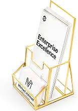 Gold Glass Brochure Holder for 4 Inch Wide Trifold Handouts, Countertop Clear Literature Pamphlet Holder Flyer Display Stand with Business Card Holders for Magazines, Booklets, Menu, Journals - Image 1